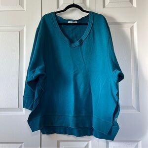 Natural Life Teal Deep V-Neck Dolman Oversize Sweatshirt Side Slits- Size L/XL